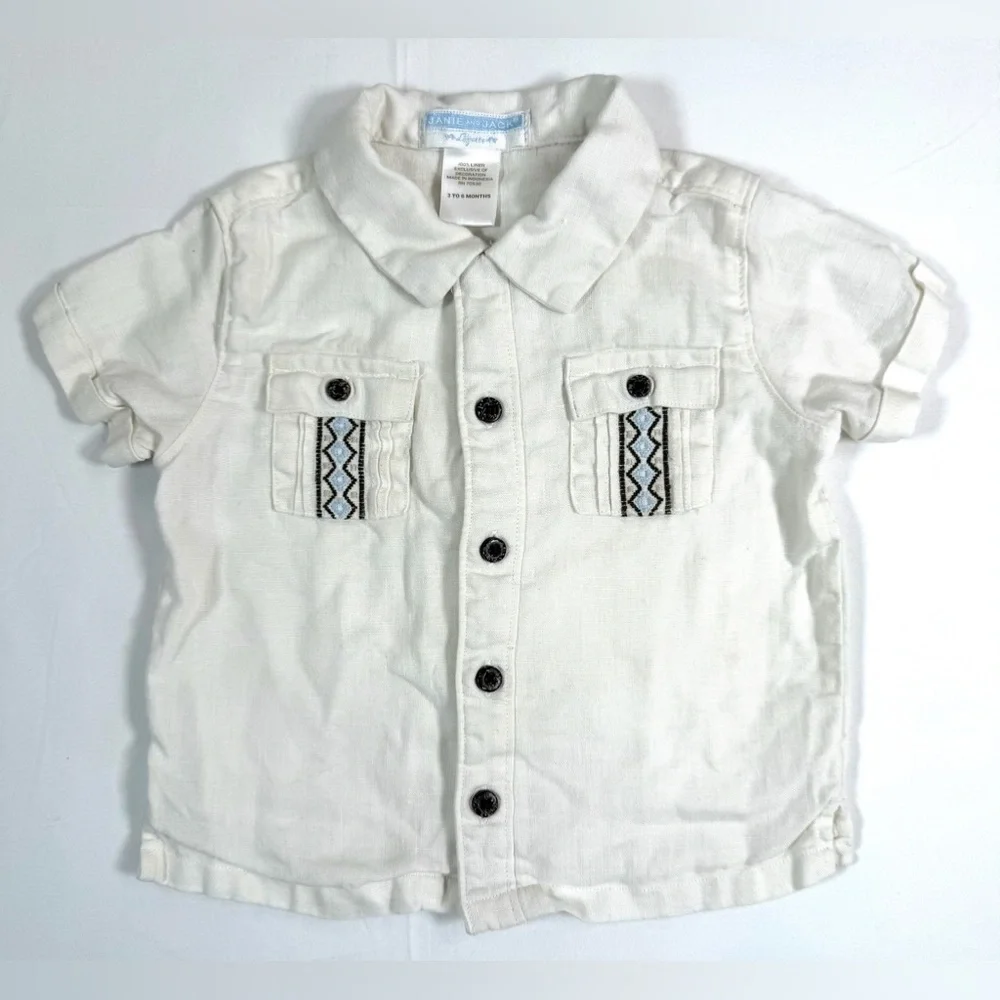 JANIE AND JACK Baby Button Up Shirt 3-6 Months Linen‎ Blend Short Sleeve Preppy